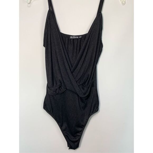 SHEIN Tops - SHEIN Women's Glitter Tank Crisscross Swoop Bodysuit Black Large NWOT